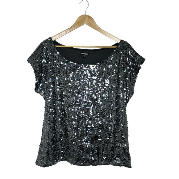 Express Tops - Express Silver Gray All Over Sequins Cape Sleeve Blouse L Wedding Guest Holiday